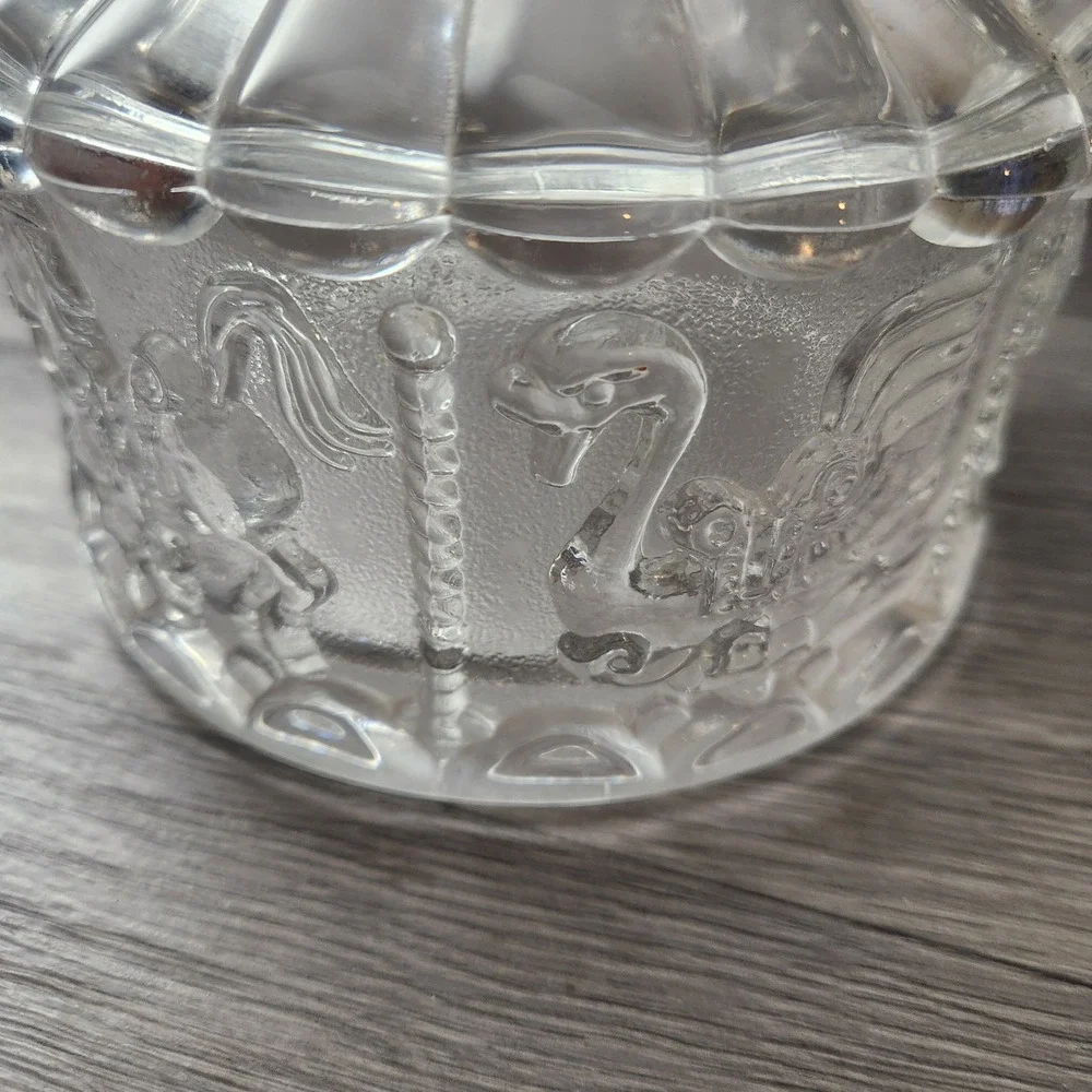 Vintage Clear‎ Pressed Glass Carousel Trinket Box Lidded Candy Dish Horse Swan